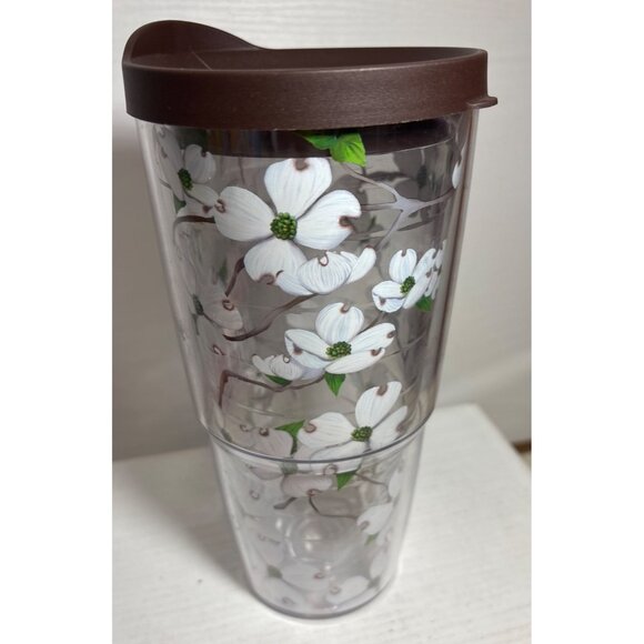 Tervis Insulated Tumbler Dogwood Flower With Brown Lid 24 Oz Clear Plastic - Picture 4 of 10